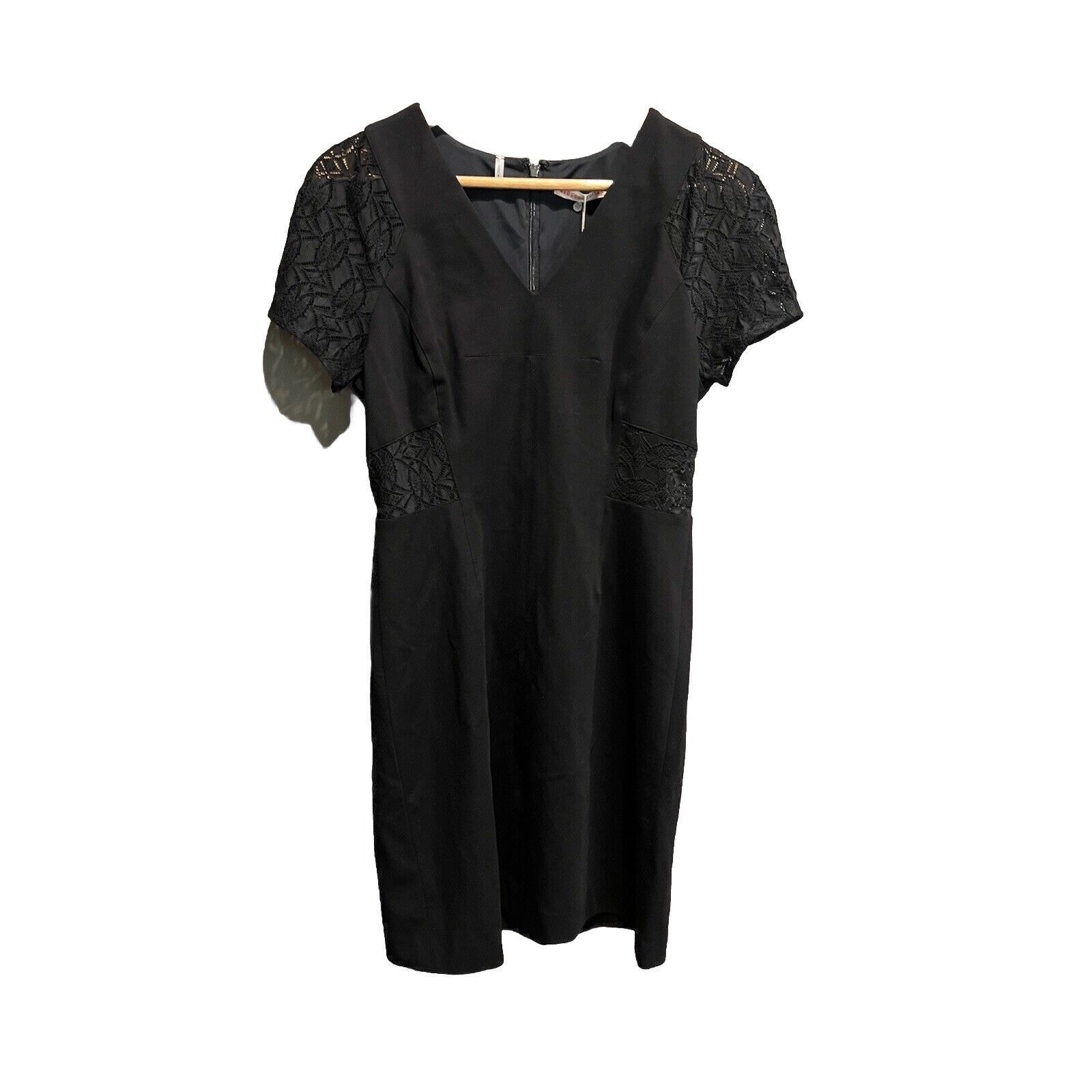 Rebecca Taylor Black Lace & Ponte V Neck Short Sleeve Women's Dress Size 10